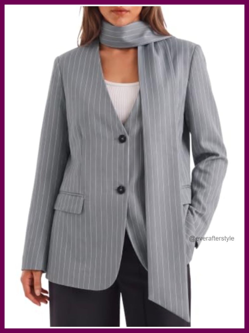 Womens Plaid Striped Blazer V Neck Button Down Suit Jacket Scarf